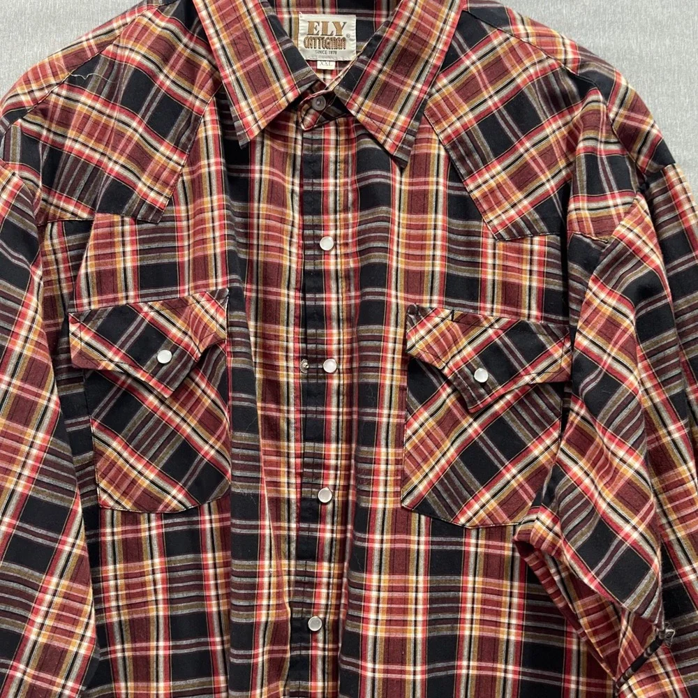 Ely Cattleman Western‎ Shirt Men XXL Plaid Pearl Snap Long Sleeve Cowboy Rodeo